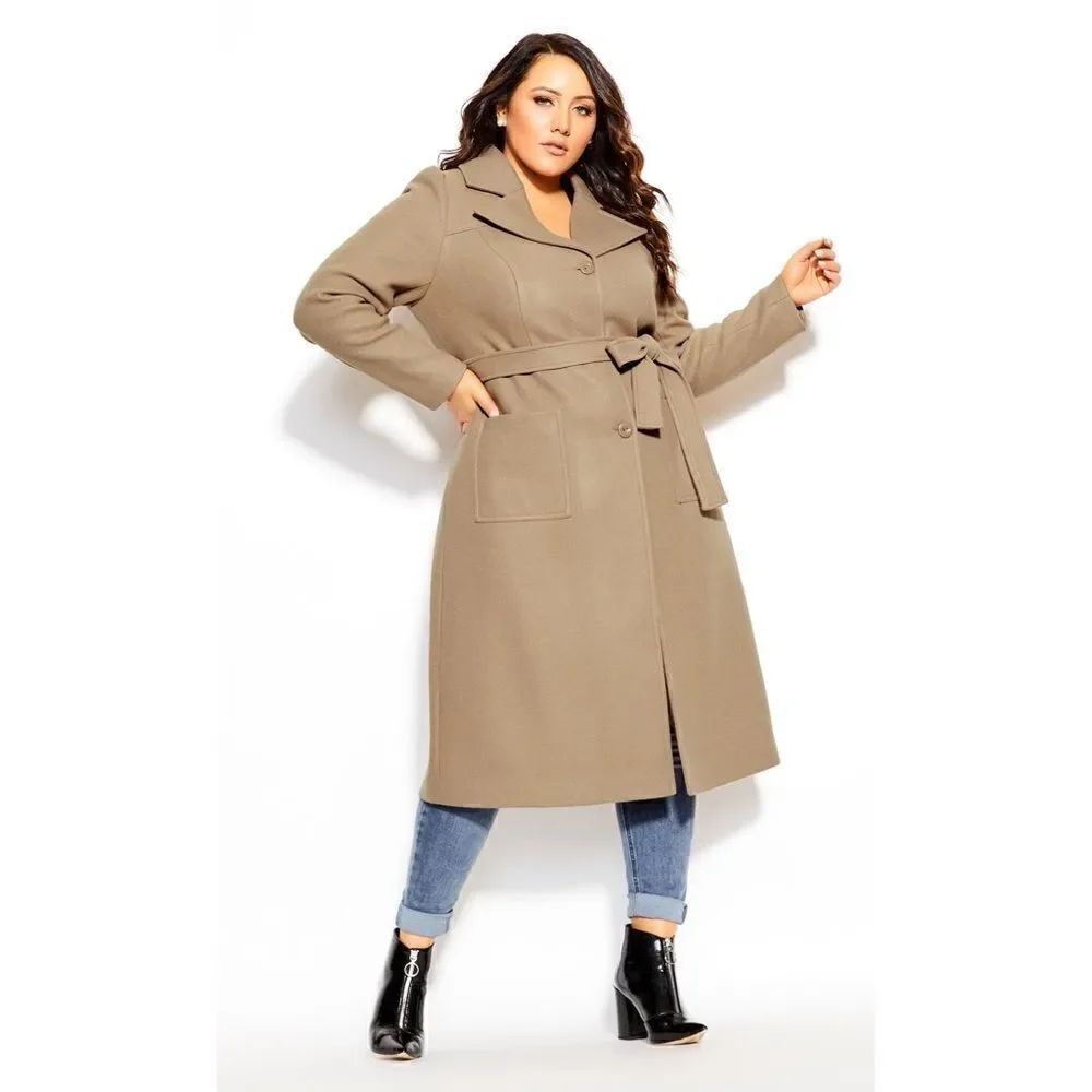 City Chic Coat Royal Life Taupe Belted Wool Blend Coat Small NWT